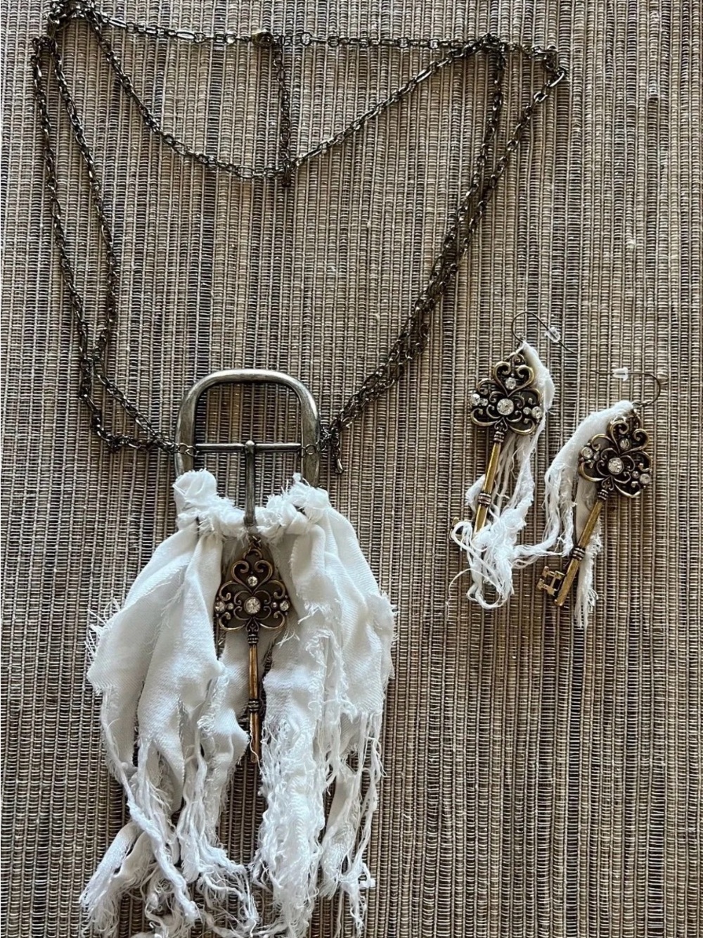Boho Cream and Antique Gold Key Pendant Necklace with Matching Earrings